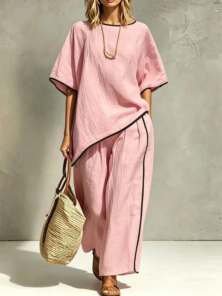 2026 new cross-border European and American women's elegant round neck casual loose short-sleeved two-piece set for women