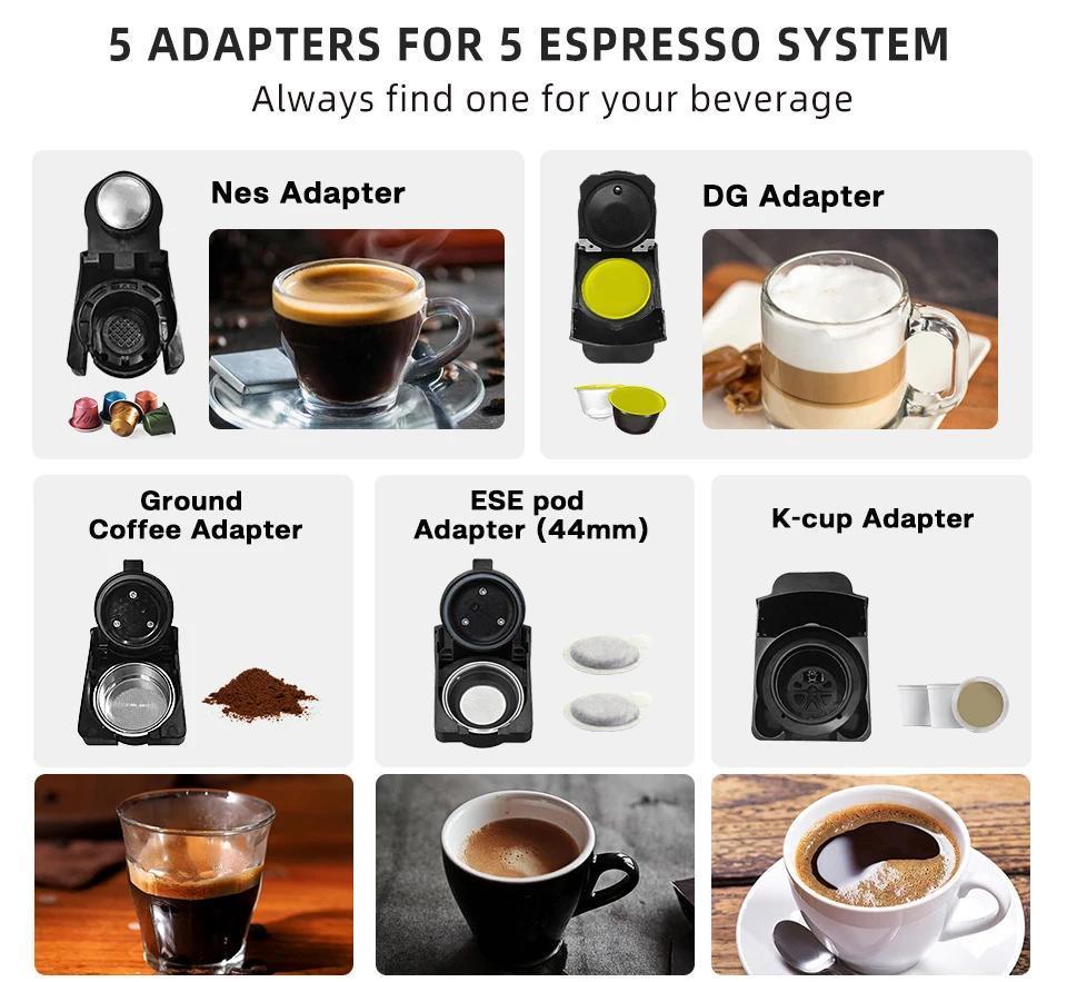 Home 5-in-1 Multifunctional Capsule Espresso Machine, Compatible with Dolce Gusto, Nespresso, ESE Capsules, and Coffee Powder, Stainless Steel
