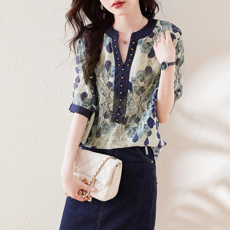 Sommer Neu V-Ausschnitt Mode Kurzarm Bluse Damen High Street Lässig Locker Pullover Vintage Druck Alleskönner Baumwoll-Tops