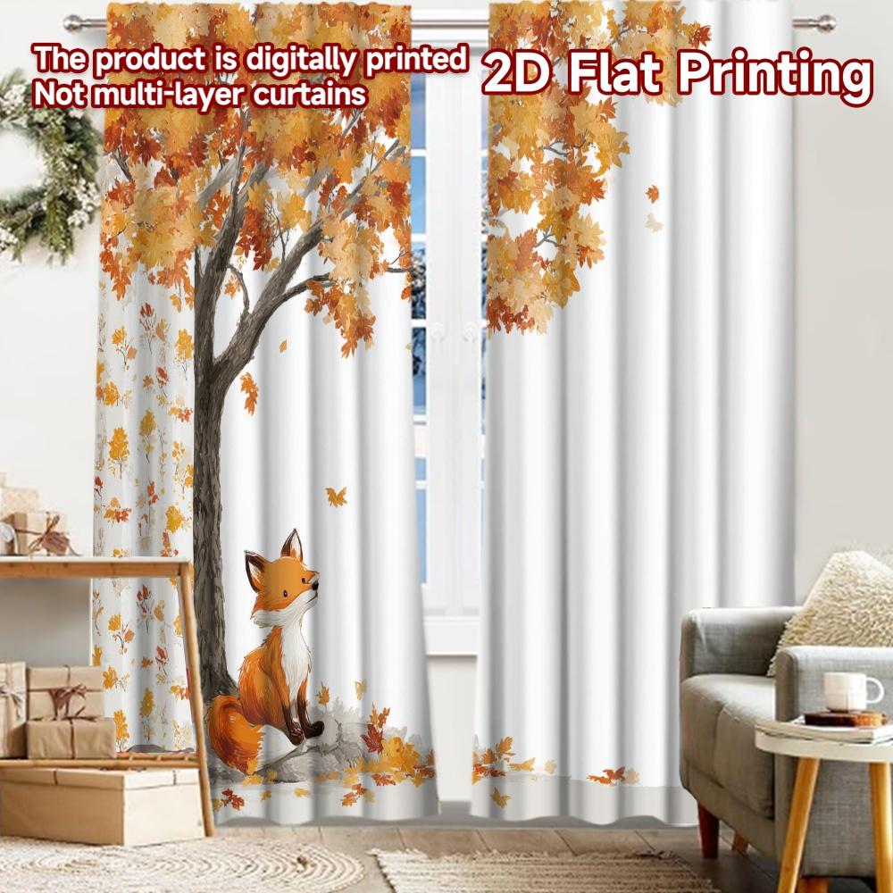 2pcs, 2D FLAT PRINTING Curtains (Without Rod) Autumn Fox(2) Halloween Festival Popular Curtains&Drapes Durable Polyester