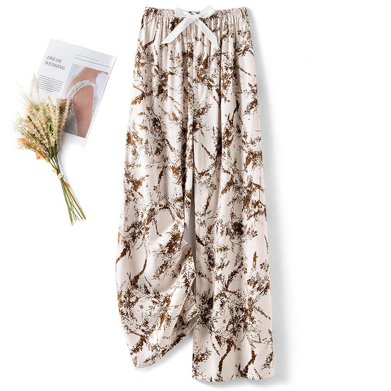 Pantaloni de pijama din bumbac mătase pentru femei, secțiune subțire de vară, anti-țânțari, pantaloni cu picior lat, culoare uni, pentru exterior, casă, petrecere a timpului liber, imprimeu, pantaloni de plajă până la genunchi