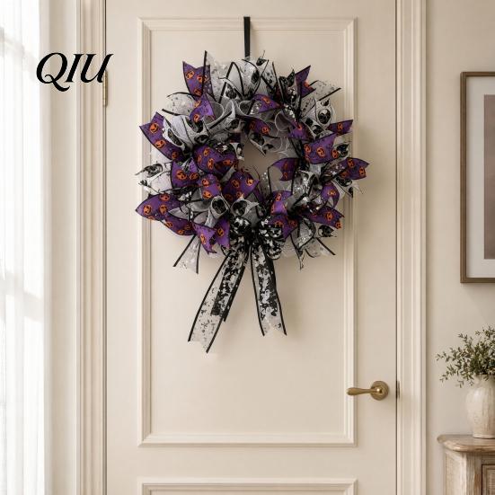 Door Decoration Halloween Mesh Ribbon Wreath for Front Door, Spooky Skull Pumpkin with Decor Bow, Purple Black Stripe Decorative Garland Doors