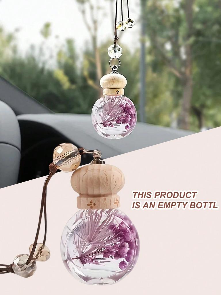 Car Fragrance Pendant - Empty Glass Bottle with Preserved Flowers, Refillable with Essential Oil or Perfume, Hanging Fragrance
