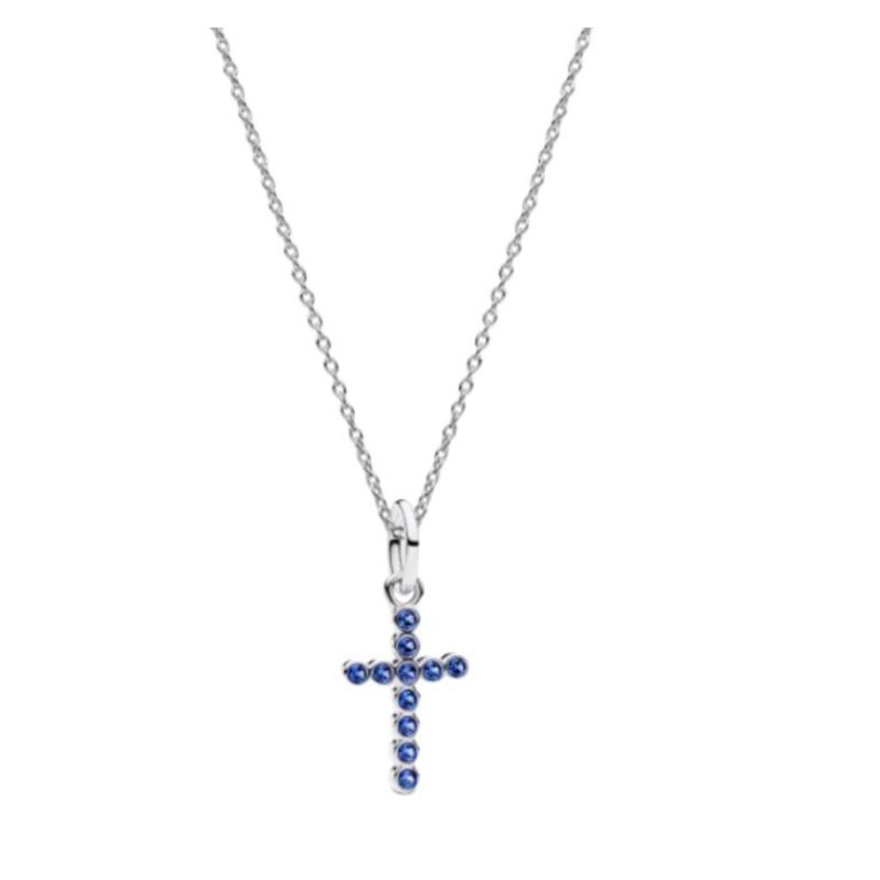 Pandora Fashionable and versatile 925 silver glass necklace for women blue ZT3229