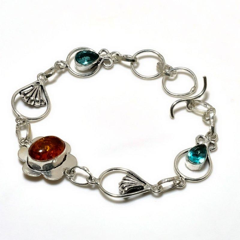 

Балтийский янтарь, голубой топаз, драгоценный камень 925, посеребренный ювелирный браслет 6–8 дюймов