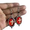 Gothic Cross Earrings, Red Pendant, Silver Dangle Earrings, Alternative Fashion Religious Jewelry