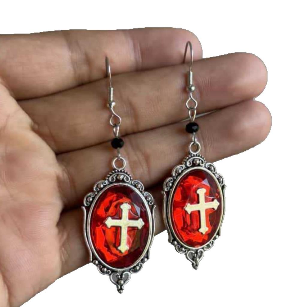 Gothic Cross Earrings, Red Pendant, Silver Dangle Earrings, Alternative Fashion Religious Jewelry