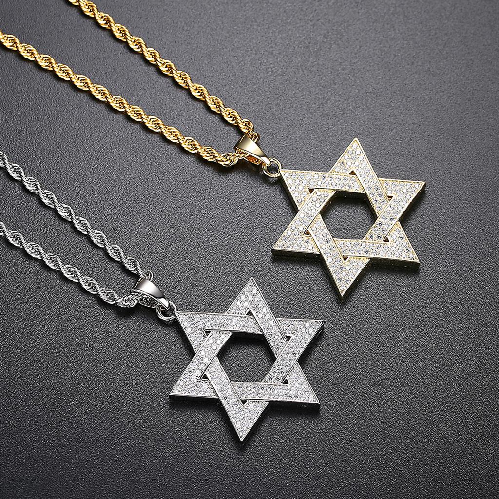 Hip Hop Men Gold Color Plated Jewelry Micro Pave Iced Out Cz Stone Star of David Pendant Hexagram Israel Judaism Necklaces