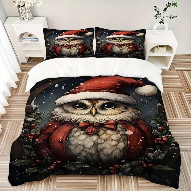 3-teiliges Weihnachts-Eulen-Bettwäsche-Set mit 1 Bettbezug & 2 Kissenbezügen (Kein Kern) - Festliches Geschenk für Schlafzimmerdekoration, Anime-Cartoon-Design, Polyesterstoff
