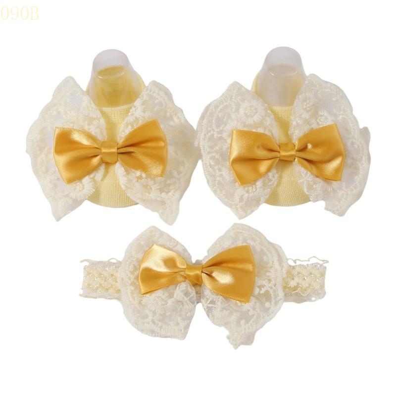 

090B Newborns Toddlers Headband Hair Band Headdress & Knitted Breathable Floor Socks