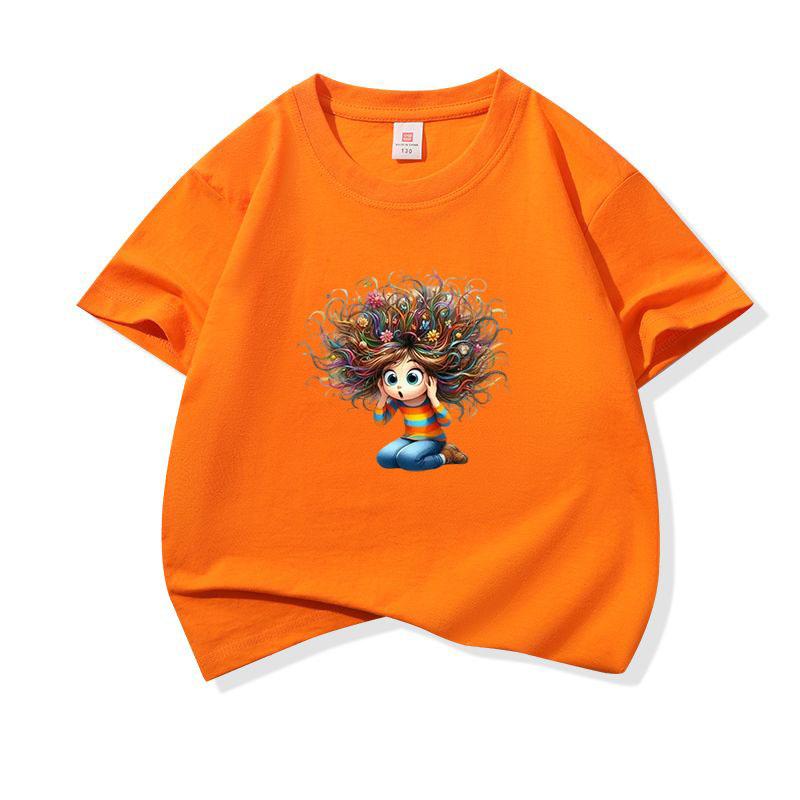 Kids Cotton T Shirt Surprised Girl With Colorful Hair Print Crew Neck Short Sleeve Tee Casual Boys Girls Summer Tops
