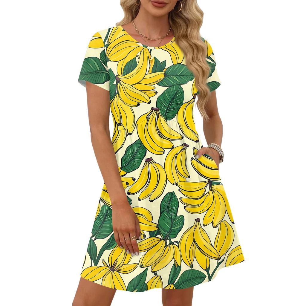 Dresses For Women Short Sleeve Print Round Neck Casual Dresses Waist Dress With Pockets