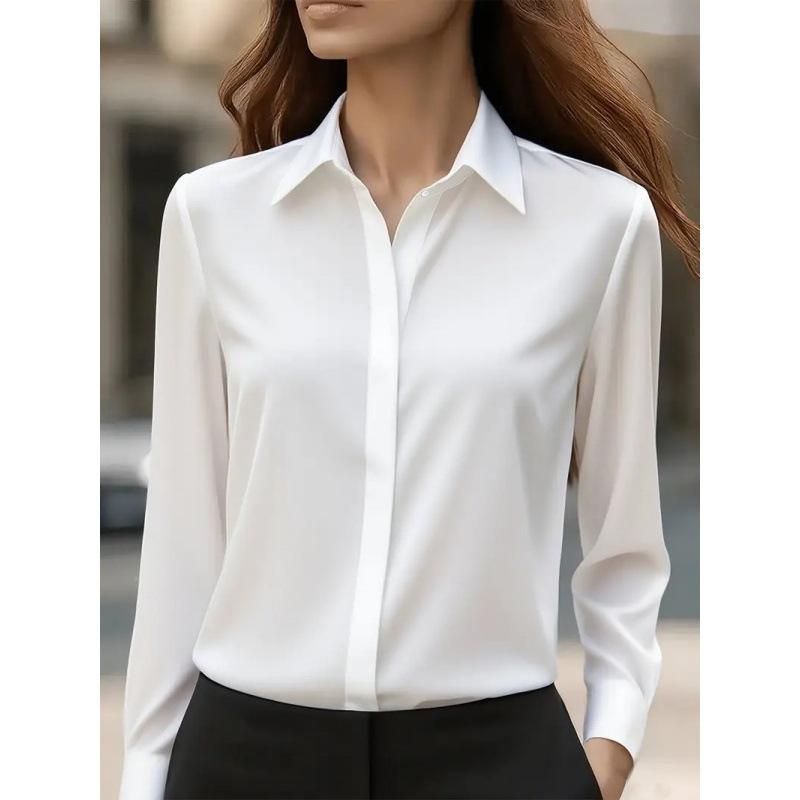 Autumn Solid Color Long Sleeve Shirt Lapel Satin Blouse Shirt for Women