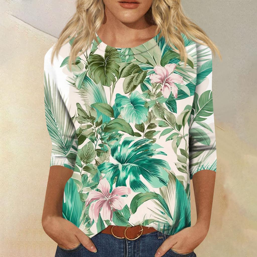 Women’s Casual Round Neck Three Quarter Sleeve Floral Print T Shirt Top with Relaxed Fit for Daily Wear and Comfort