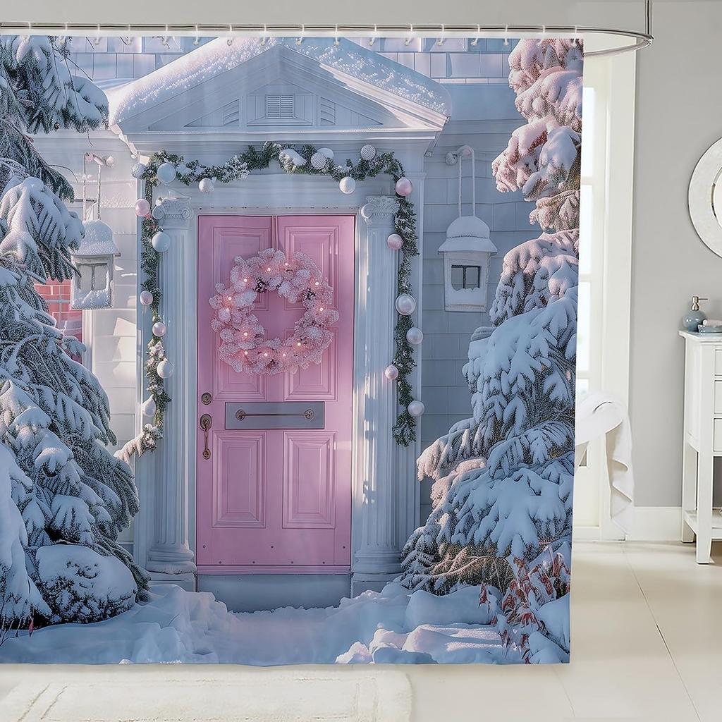 Christmas Puppy Shower Curtains Festive Pet Bathroom Curtain Kids Women Men Cute Dog Bathroom Accessories Xmas Tree Snowflake