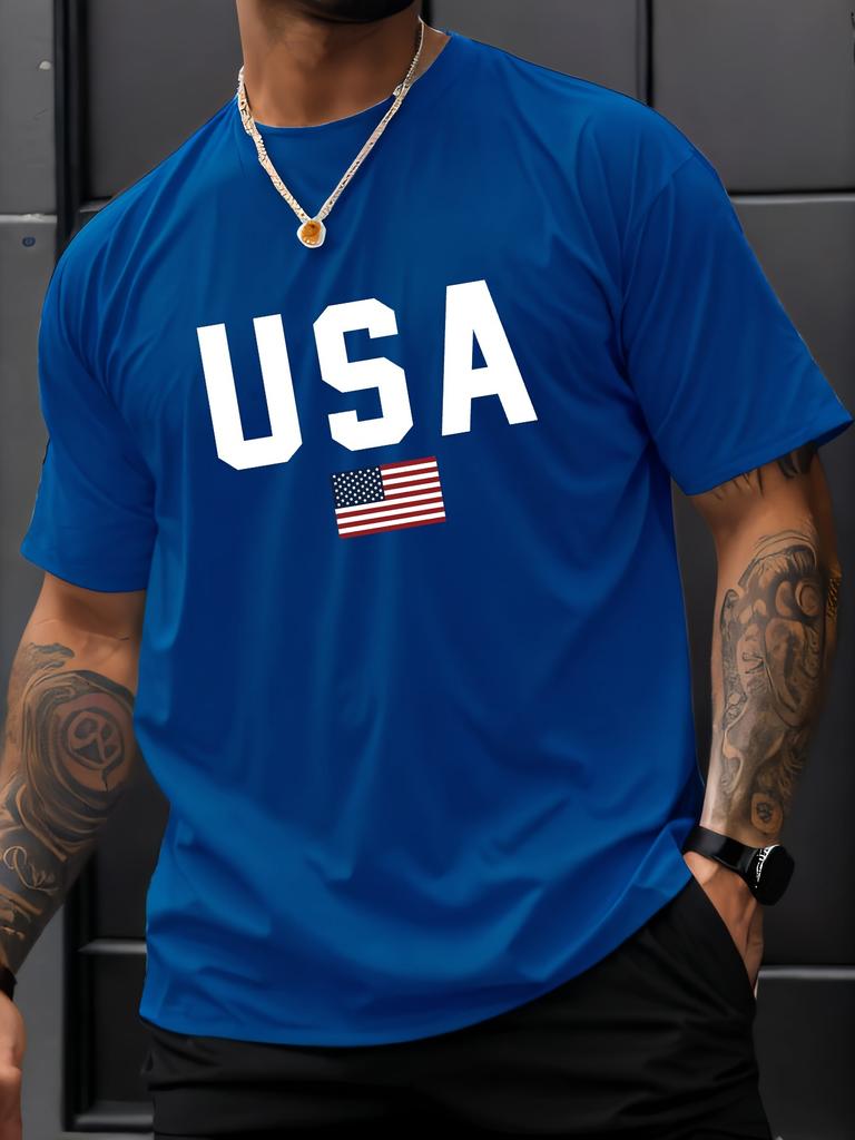 Pánské ležérní tričko s kulatým výstřihem a potiskem vlajky USA, pletenina, regular střih s krátkým rukávem