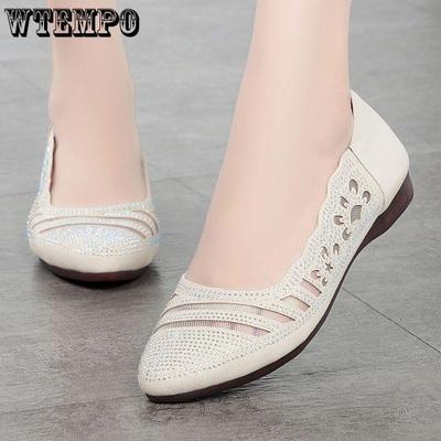Zapatos de cuero suave para mujer, Sandalias de tacón plano con punta estrecha y malla con diamantes de imitación, de boca poco profunda y suela suave