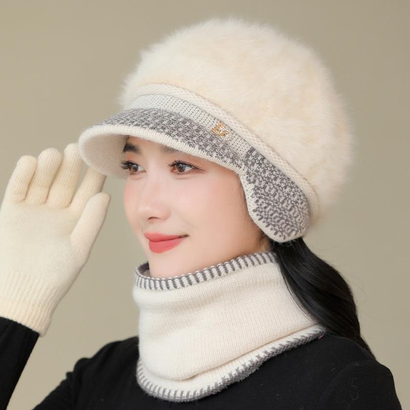 

Женская вязаная шерстяная шапка из кроличьего пуха, осенне-зимняя теплая шапка для пожилых, шапка-ушанка Single hat бежевый