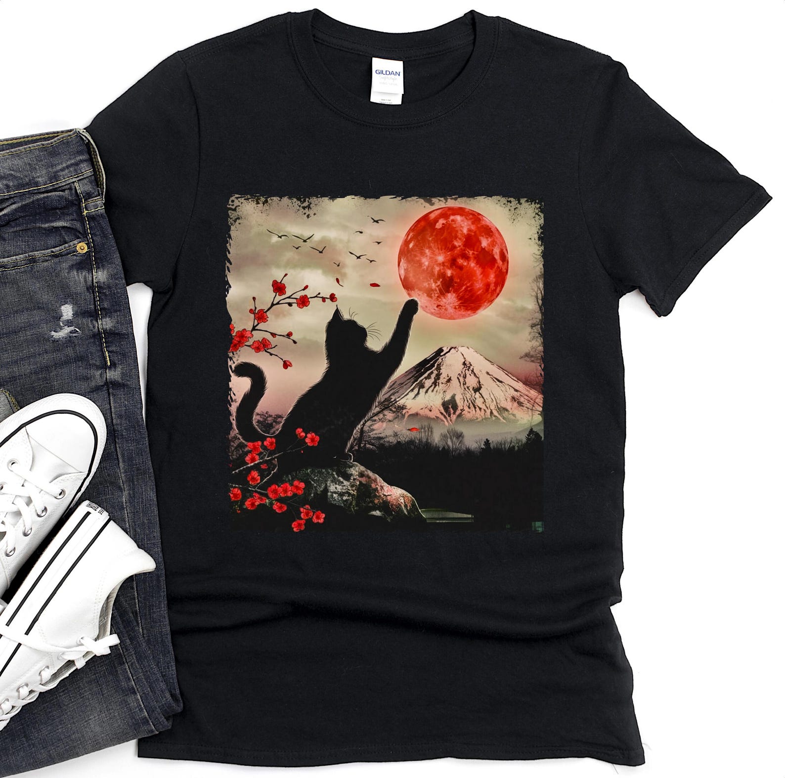 Black Cat Moon T-Shirt, Japanese Mount Fuji Cherry Blossom Art L