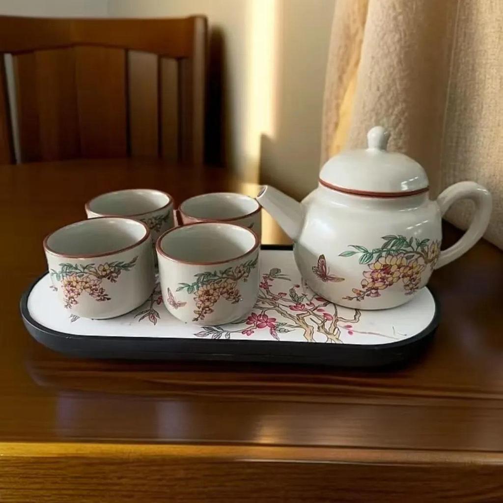 Wisteria Flower Handle Ru Kiln Ceramic Teapot & Teacup Set - Gongfu Style