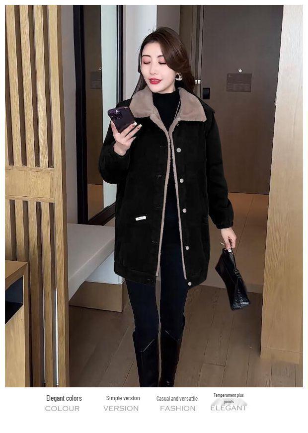 Women's Plus Size Mid-Length Black Velvet Windbreaker - Winter Fashion for Middle-Aged Mothers