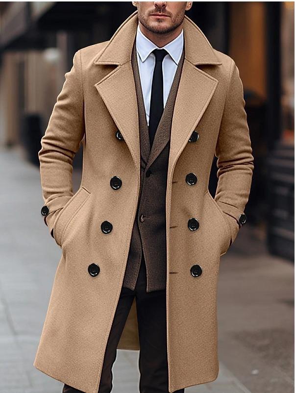 Men's Woolen Double-Breasted Mid-Length Trench Coat - European & American Fashion, Korean Style