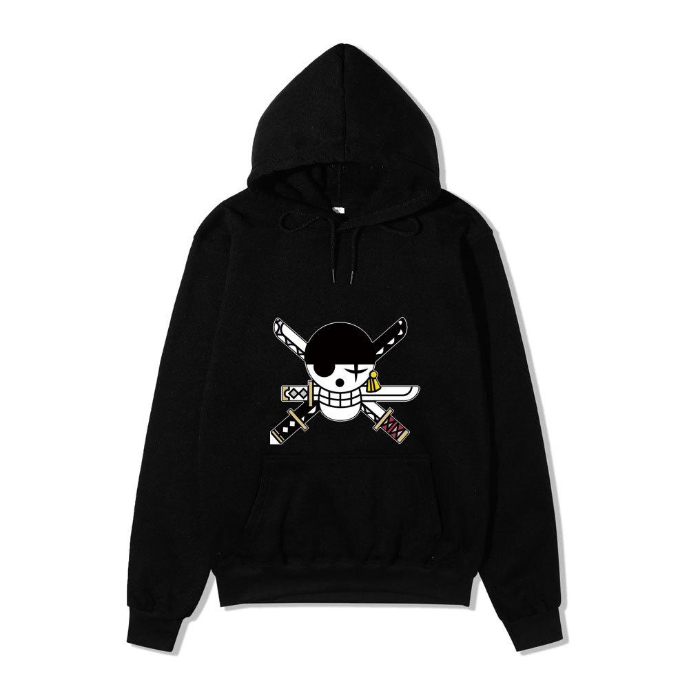 Anime One Piece Roronoa Zoro Hoodie, Pirate Logo Front Print Pullover Sweatshirt Long Sleeve Streetwear for Men Women
