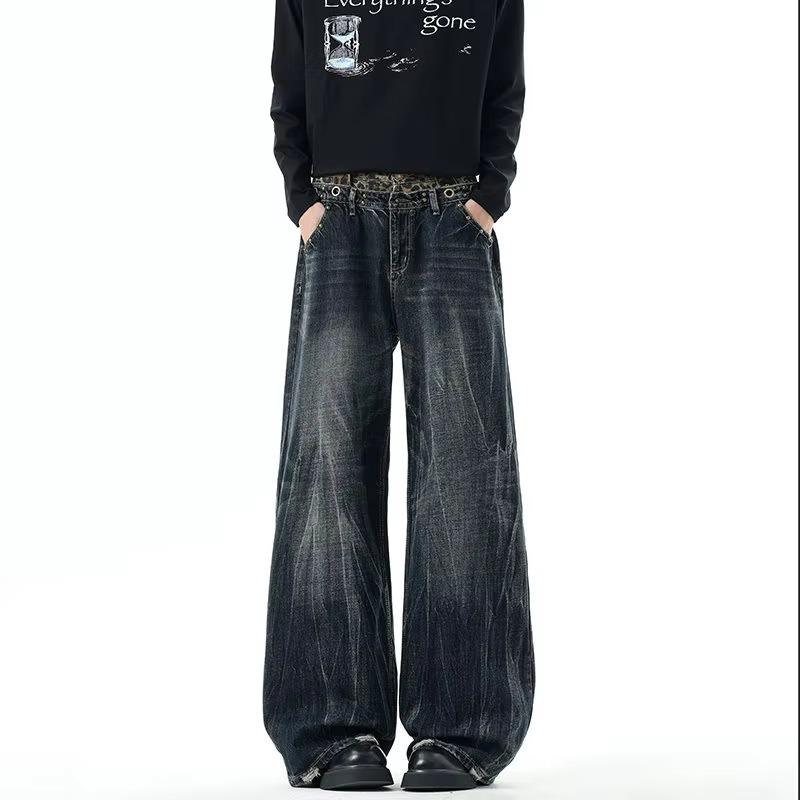 VIONA Vintage Men's Leopard Print Pocket Jeans Washed Distressed Wide Leg Baggy Fit Streetwear Casual Premium Denim Pants