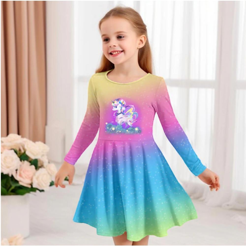 Vestido Casual de Niña con Estampado de Unicornio 3D, Cuello Redondo y Manga Larga, Vestido de Princesa para Niña