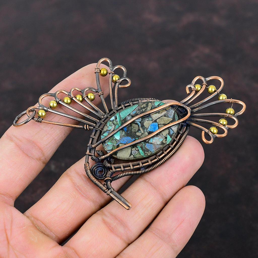 Copper Azurite Malachite Pendant Copper Wire Wrapped Pendant Natural Gemstone Jewelry Handmade Bird Pendant Gift For Her Copper Wire Jewelry
