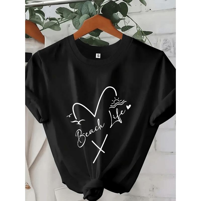 

Women Custom Heart Letter Sequin Print T-Shirt Personalized Name Text Crew Neck Short Sleeve All-Season Mom Mother s Day Teacher s Day Gift Tee 4XL чорний