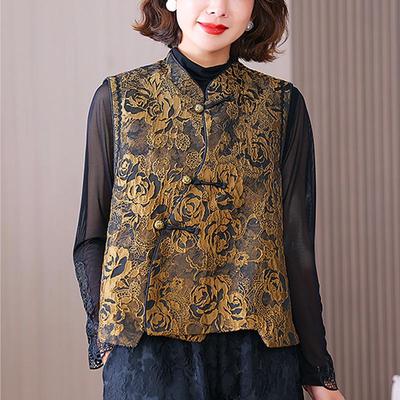 Women's Autumn/Winter Improved Tang Suit Quilted Vest with Stand Collar - Chinese National Style Jacquard Outerwear.
