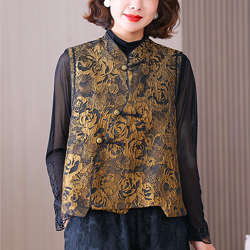 Dame Høst/Vinter Forbedret Tangdrakt Vattert Vest med Ståkrage - Kinesisk Nasjonalstil Jacquard Yttertøy.