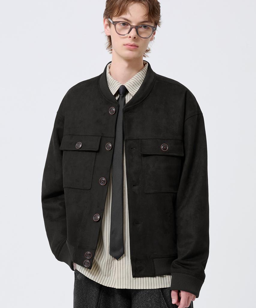 Trillion Two-Pocket Button Suede Bomber Jacket_Black