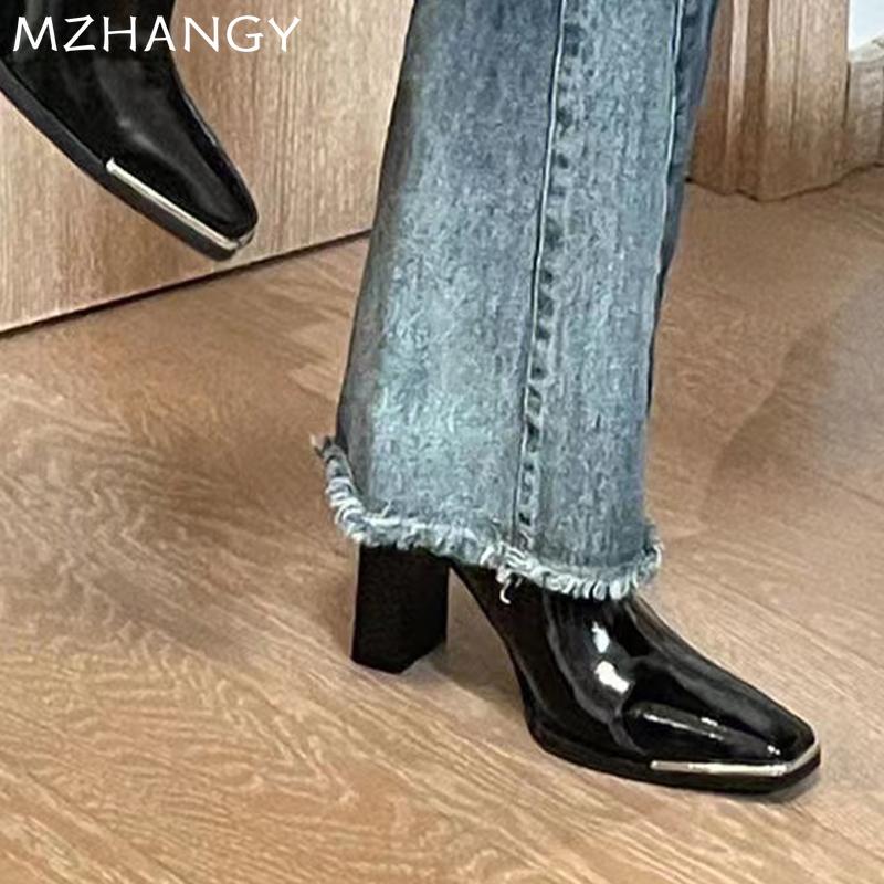Fashion Women Leather High Heels Ankle Boots Sexy Chunky Elegant Shoes Woman 2025 Trend Snow Chelsea Boots Fad New Winter Mujer Botas