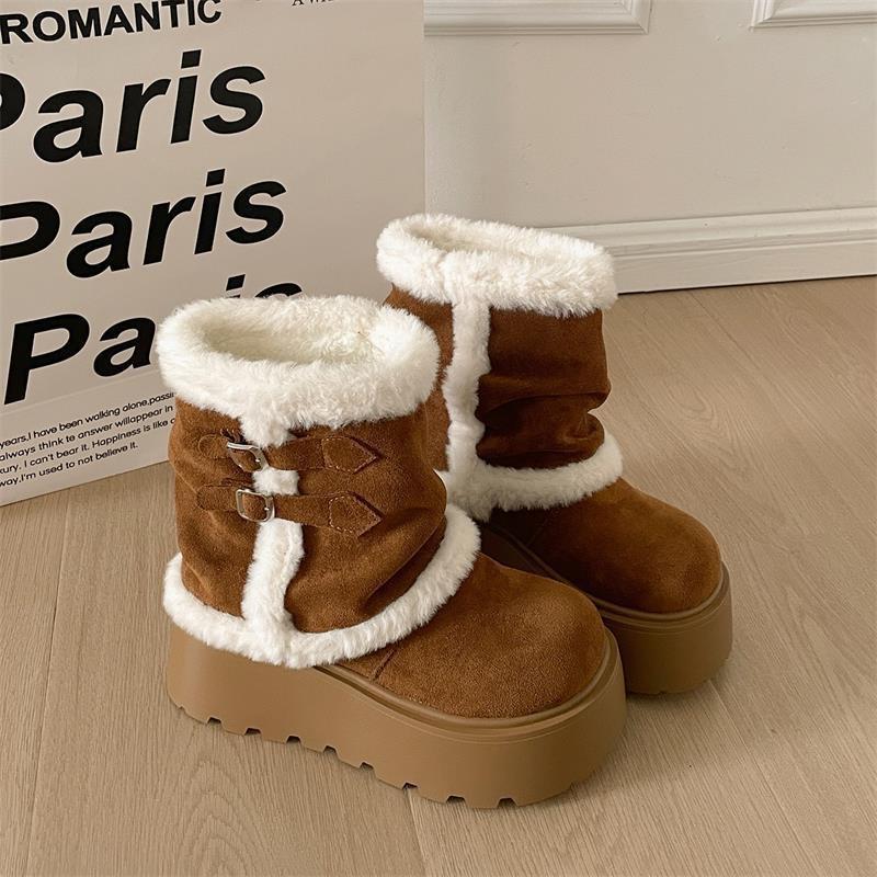 Retro thick-soled heightening snow boots winter new casual piled thickened warm wool cotton shoes