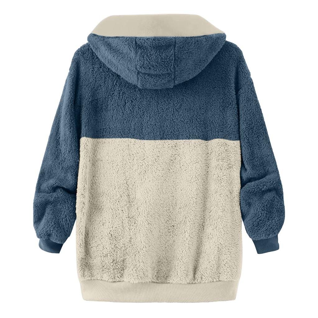 Women's Loose Large Size Plush Multicolor Paneled Hooded Zip Jacket