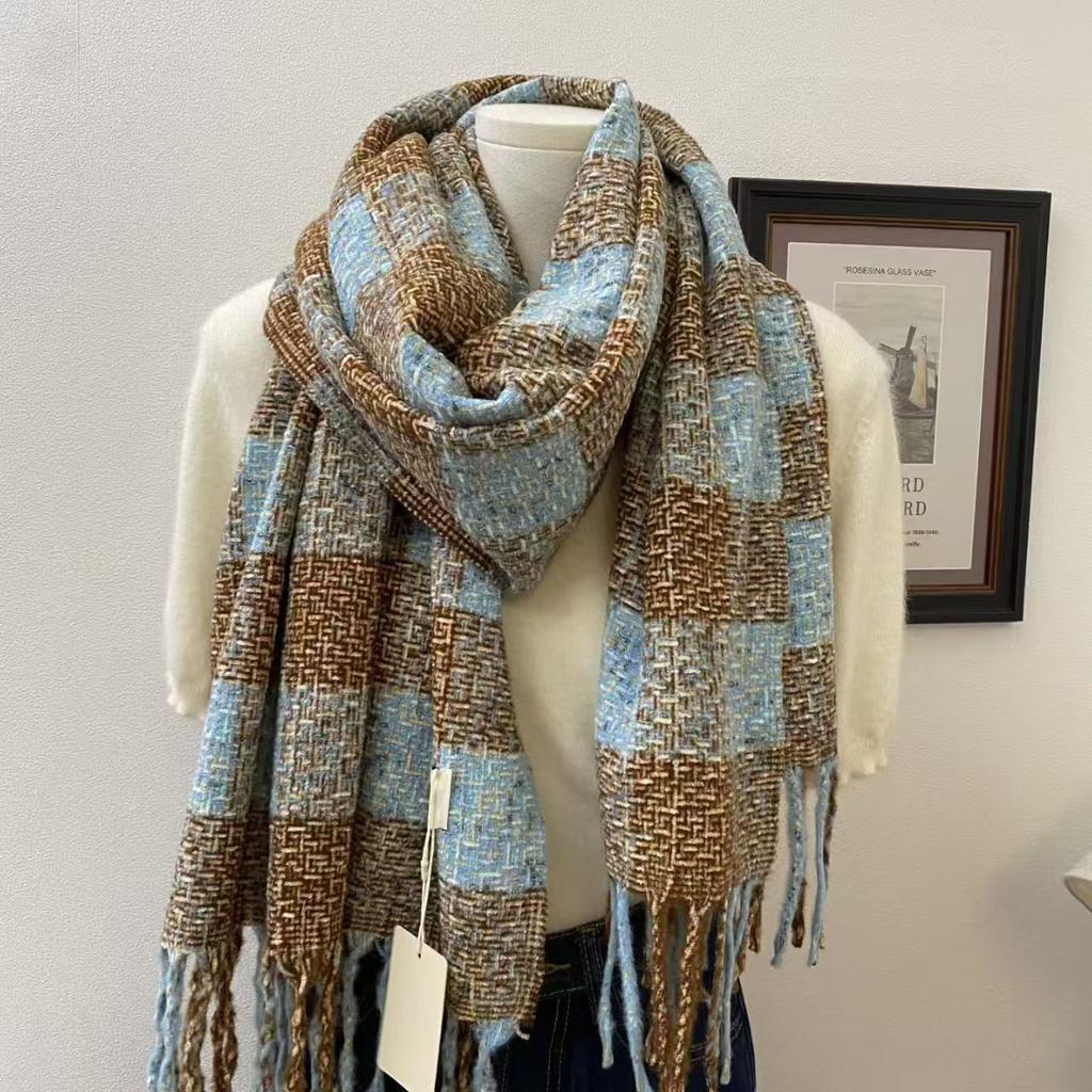 New Maillard Imitation Cashmere Plaid Shawl for Women Autumn and Winter Scarf Korean Style Atmosphere Thickened Warm Scarf