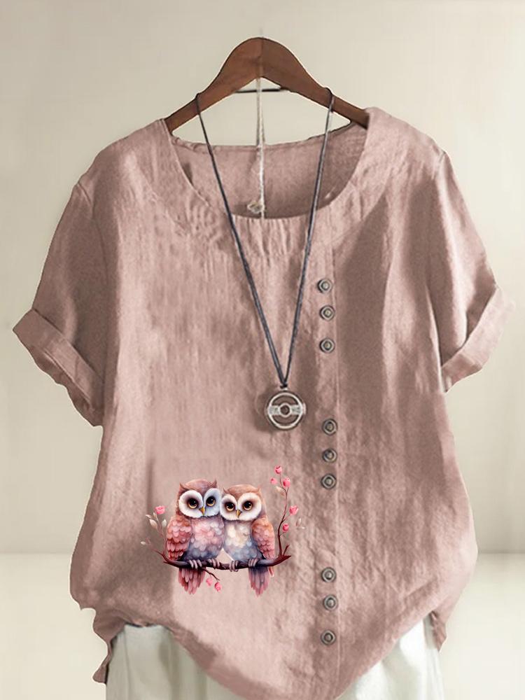 Women's Fashion Couple Owl Print Shot Sleeve T-shirt Loose Cotton Shirt Casual Loose Summer Blouse Tops Plus Size