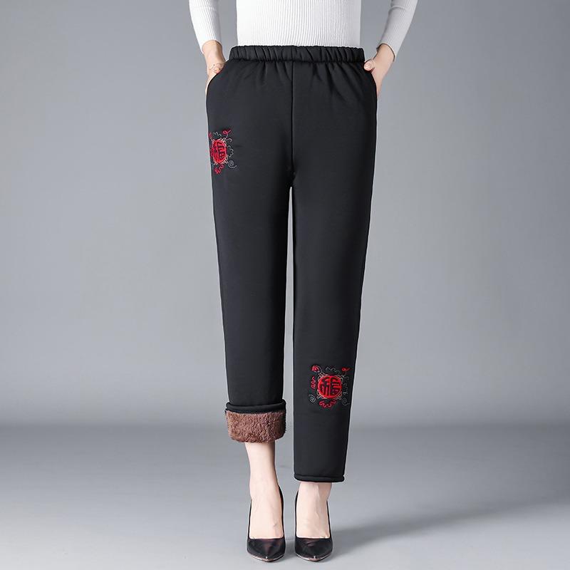 Middle-aged elderly women winter velvet thickened lamb wool pants mother warm cotton pants wear loose grandma trousers