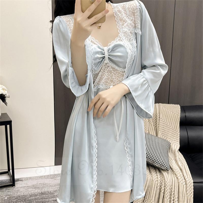 Female Patchwork Lace Twinset Robe Set Kimono Bathrobe Gown Sexy Sleepwear Nightgown Lingerie Silky Satin Home Dress Lounge Wear