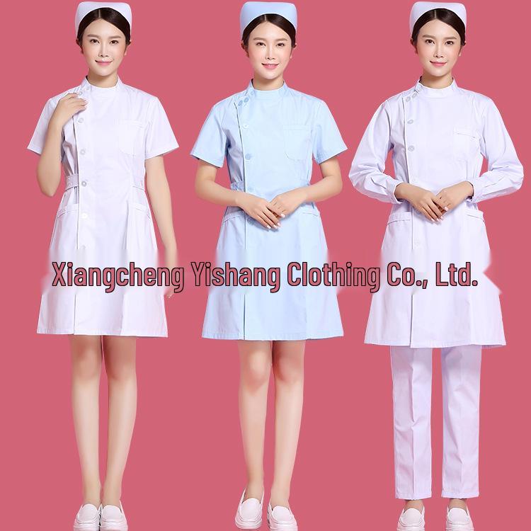 

Летняя медсестринская форма: Больничный белый халат с короткими/длинными рукавами, боковой планкой и воротником-стойкой для работы на стажировке в аптеке. XXL