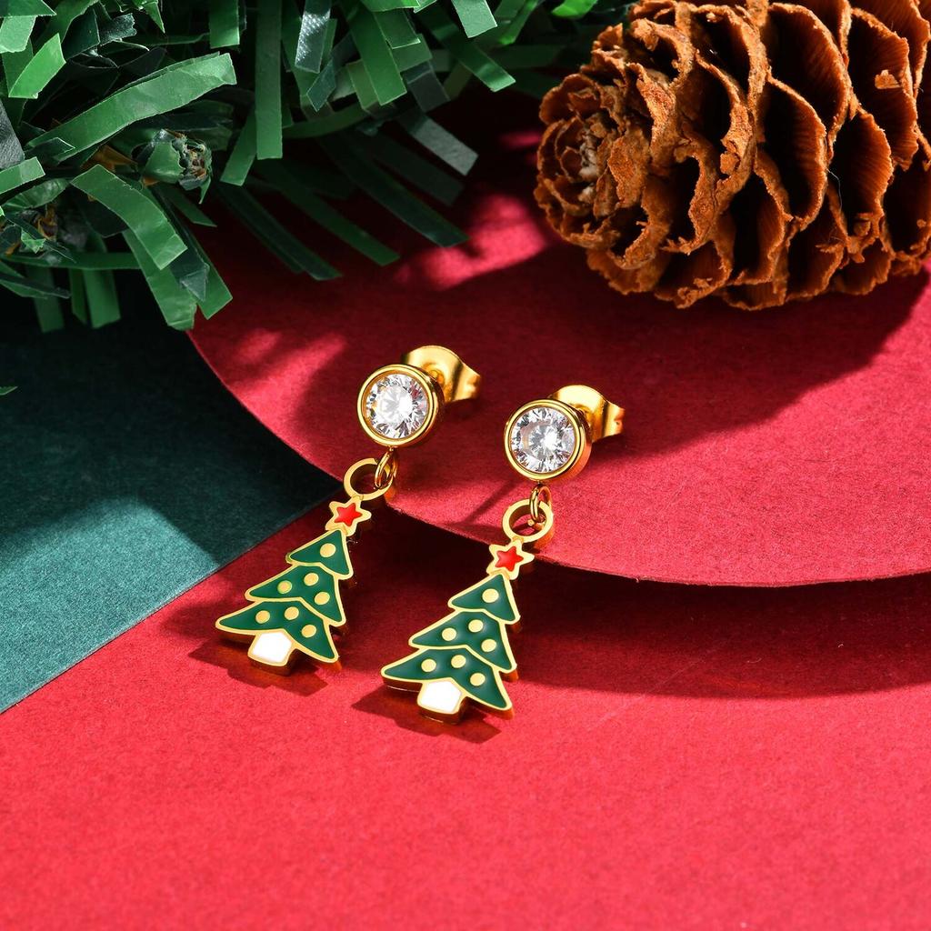 Christmas Earrings for Women, Santa Claus Christmas Tree Dangle Earrings, Hypoallergenic Cubic Zirconia Studs Holiday Jewelry