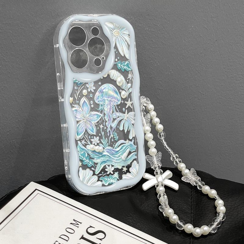 Blue Ocean Jellyfish Pattern Clear Phone Case For iPhone 11 12 13 14 15 16 17 Pro Max 16E 17E With Lanyard Wavy-edge Soft Cover