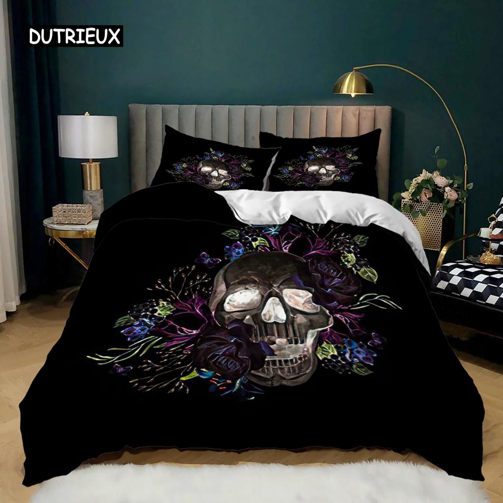 Skull Duvet Cover Queen Size Gothic Skeleton Bedding Set Rose Flower Polyester Comforter Cover for Kids Teens Adults Halloween