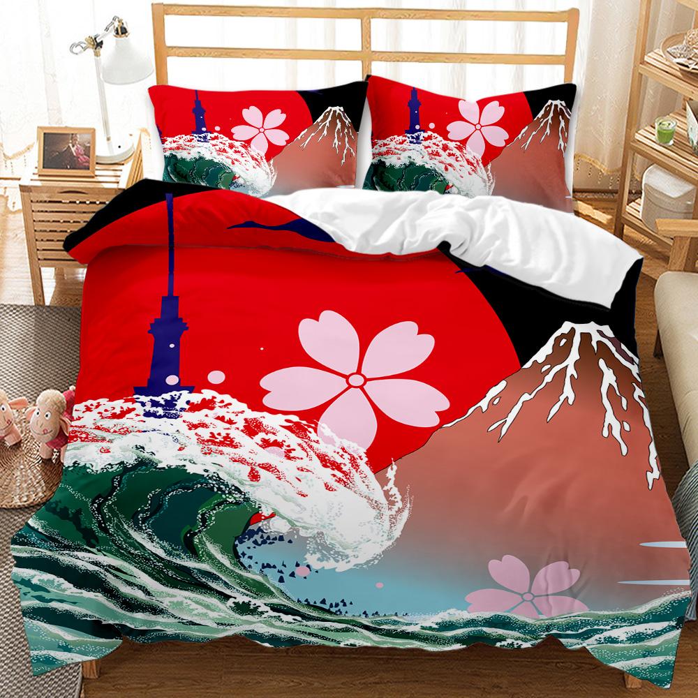 Japanese Style Comforter Cover Set Cherry Blossoms Crane 2/3pcs Polyester Bedding Set Sea Waves Duvet Cover Set Twin Queen Size