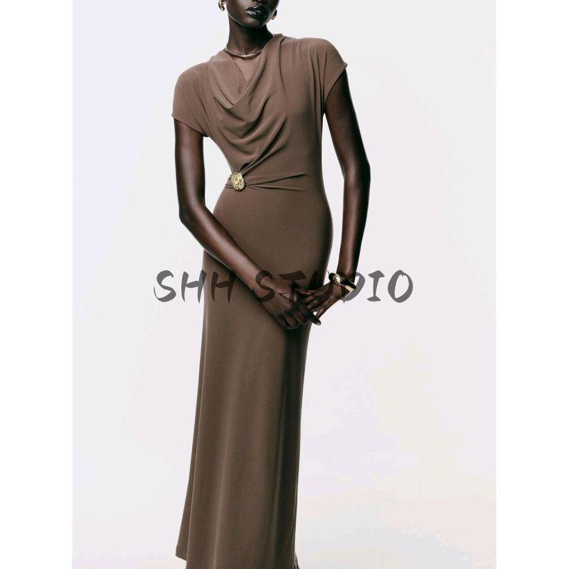 Autumn New Women's Clothing Draped Neckline Short Sleeve Silm Accessories Ruched Decoration Long Dress 1165461