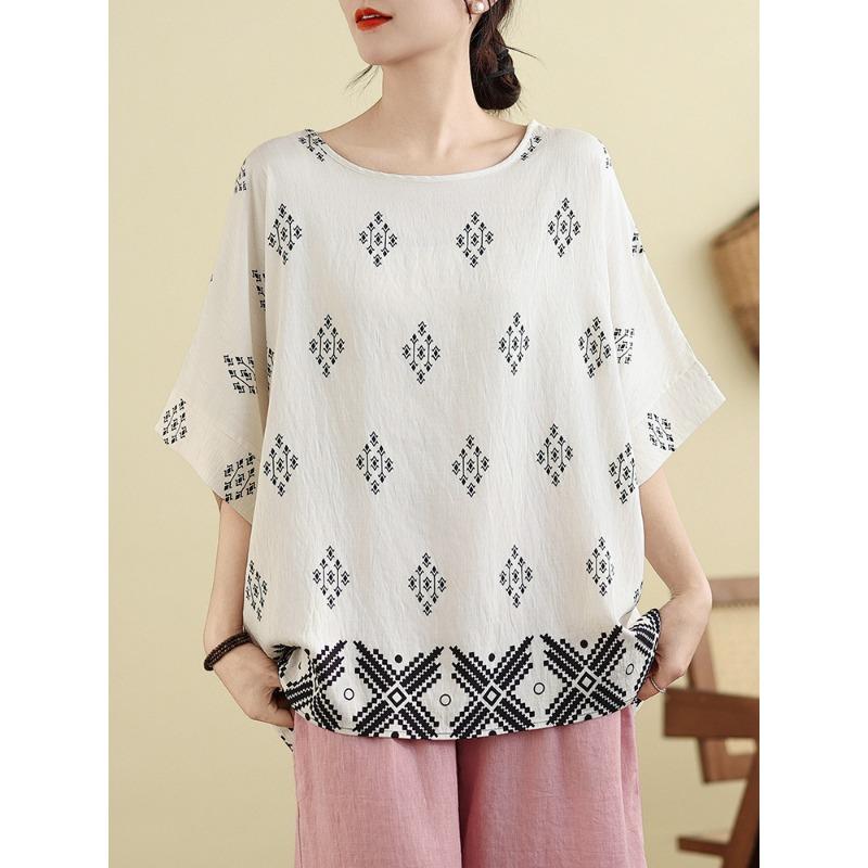 Baumwolle und Leinen Sommer Neu Damen Übergröße Kurzarm T-Shirt Um Sie schlanker aussehen zu lassen Sommer Locker Mutter Bedrucktes Oberteil Rundhalsausschnitt