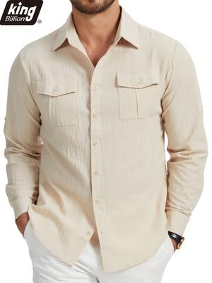 Men's Double Pocket Cotton Linen Long Sleeve Shirt - Casual Holiday Simple Lapel Solid Cargo Shirts Tops