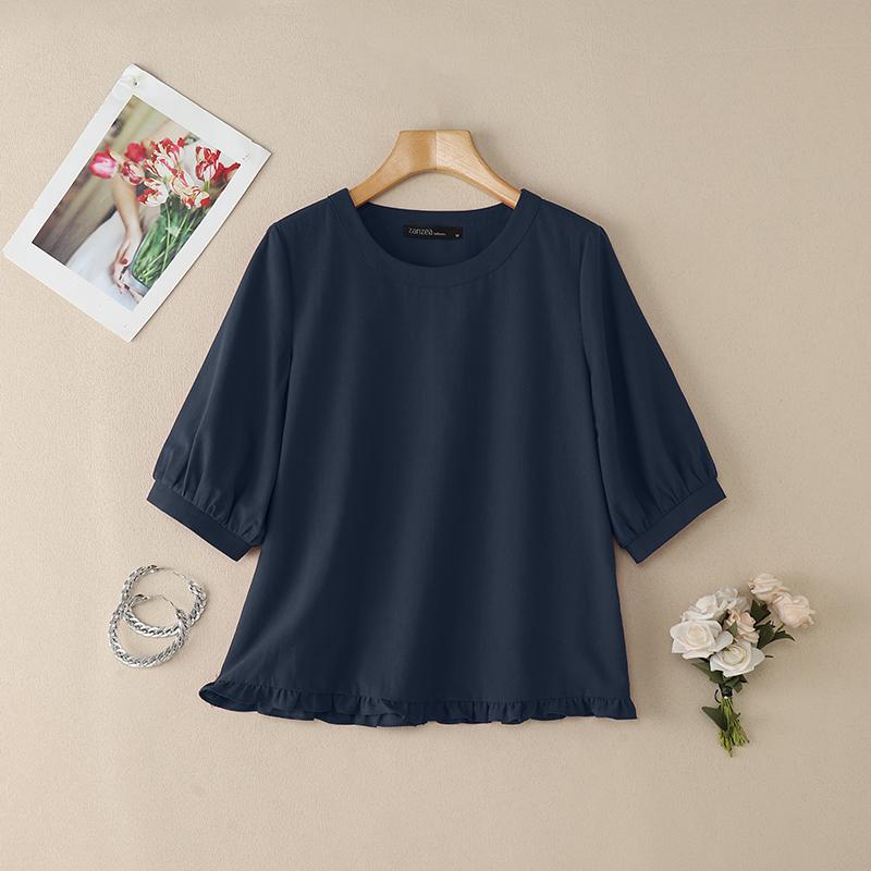 ZANZEA Damen Lässige Rundhals Einfarbig Locker Halbarm Bluse